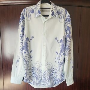 Etro White and Blue Paisley Button Down Shirt